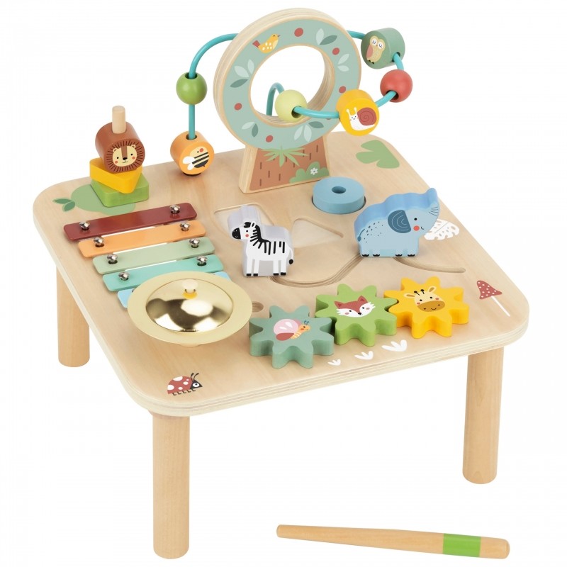 bold woopie green 5-in-1 wooden activity table with xylophone and ball track in dramatic studio lighting