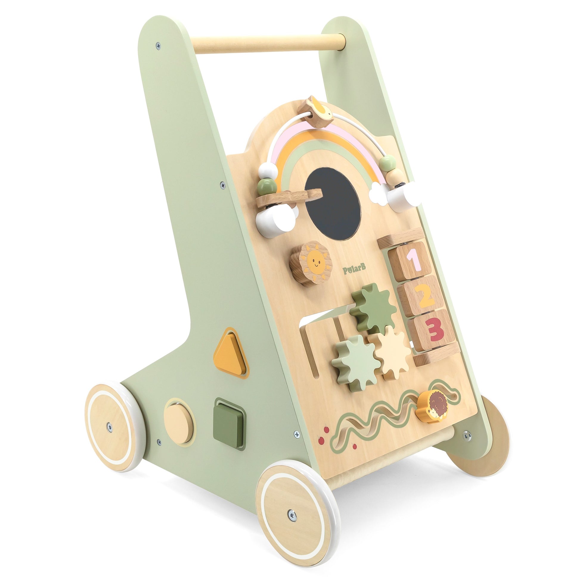 green wooden walker with shape sorter and storage basket, side view showing spinning wheels and rainbow beads