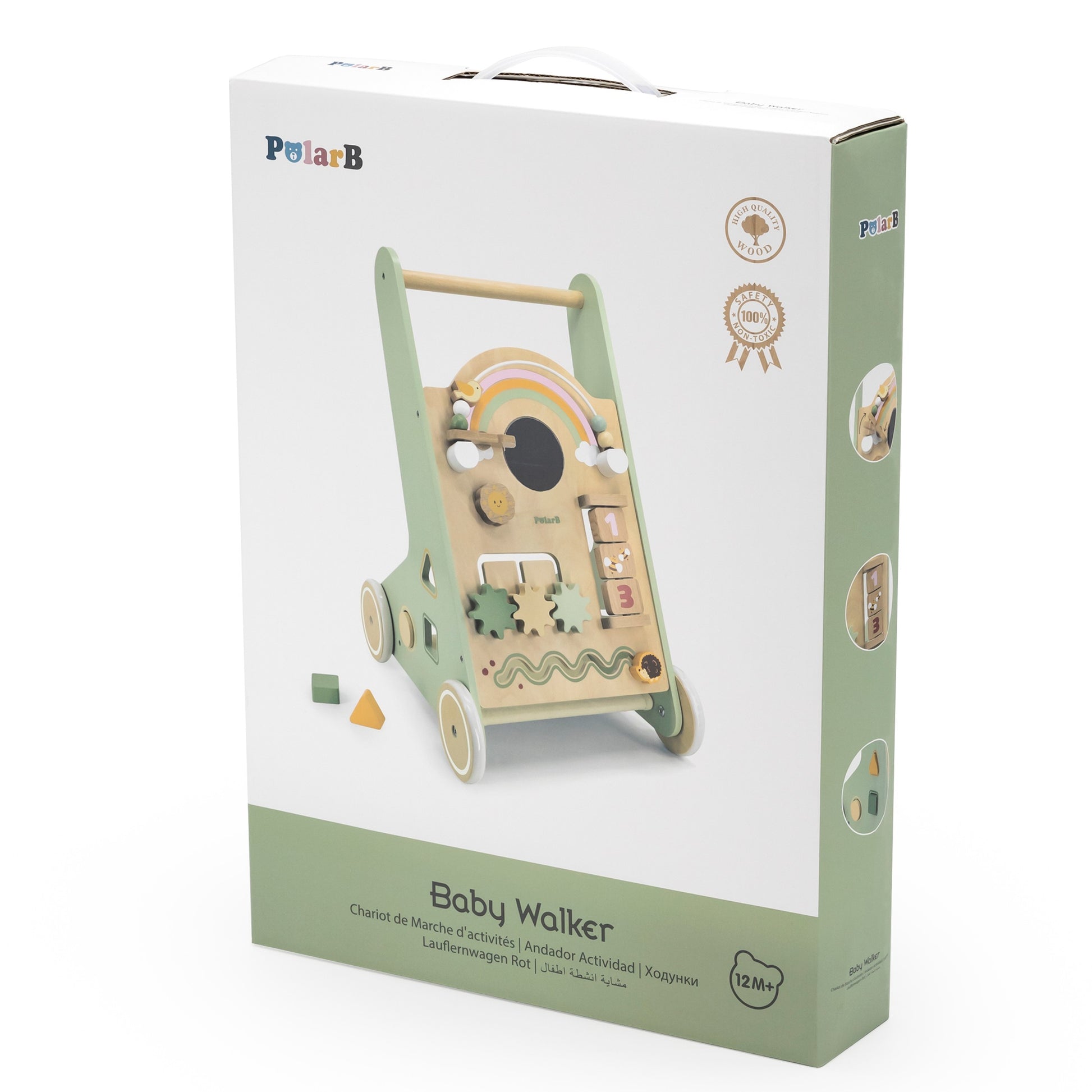 playful green wooden walker with rainbow beads and shape sorter, toddler laughing as they push it