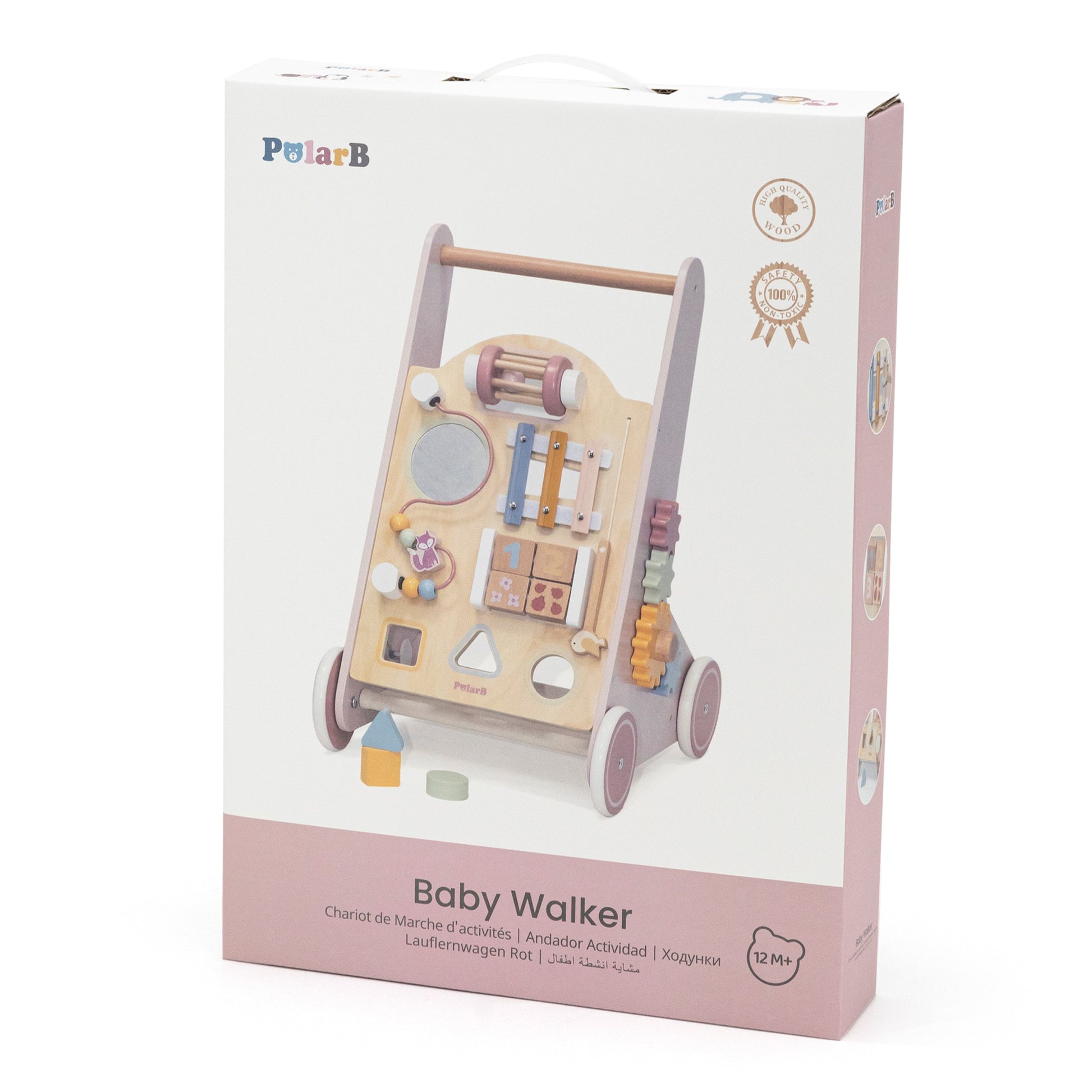 pink wooden walker with shape sorter and fabric basket, side view showing sturdy wheels and pastel details