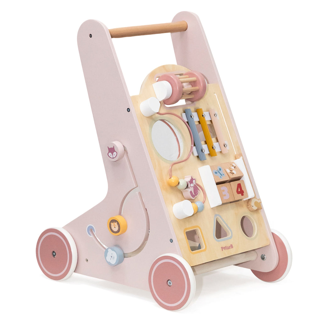 pink wooden walker for toddlers with shape sorter and rainbow beads, functional and practical design