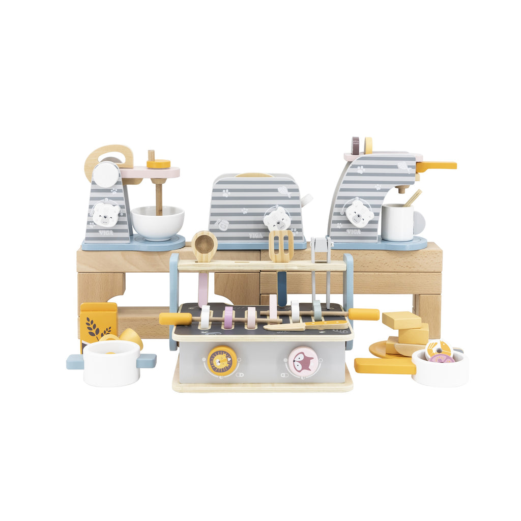 colorful wooden folding stove and grill toy with play food and utensils for imaginative cooking fun