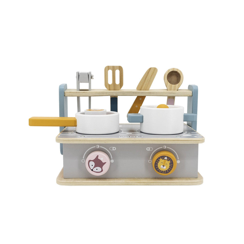 wooden folding stove and grill toy with colorful play food and utensils for imaginative cooking fun