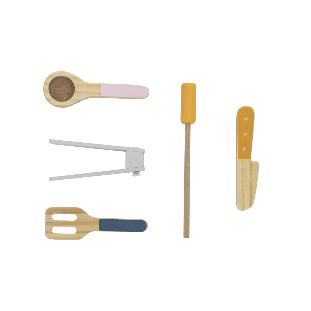 elegant wooden folding stove and grill with pastel accessories, arranged neatly for pretend cooking play