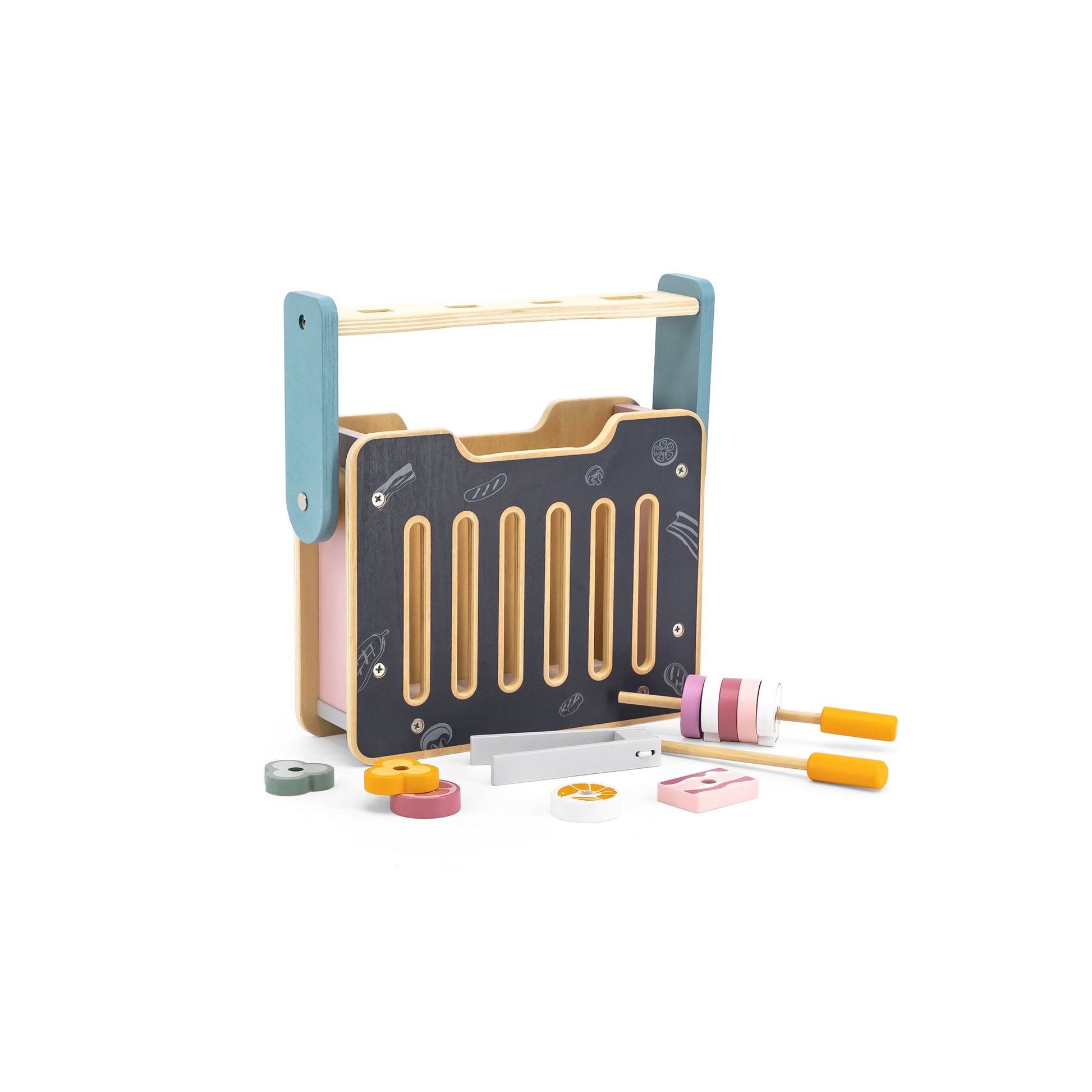 wooden folding stove and grill toy with pots, skewers, and play food laid out for practical pretend cooking