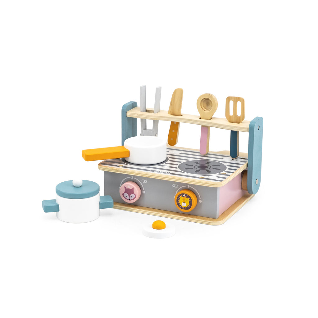wooden folding stove and grill toy with colorful play food and utensils for imaginative cooking fun