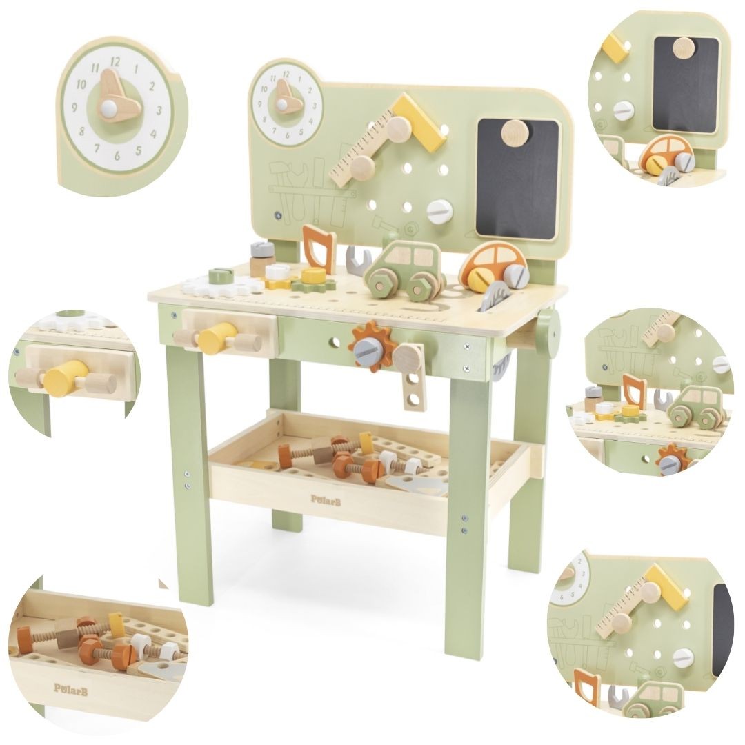 soft pastel wooden workshop for kids with tools, gears, and toy cars on a cozy workbench