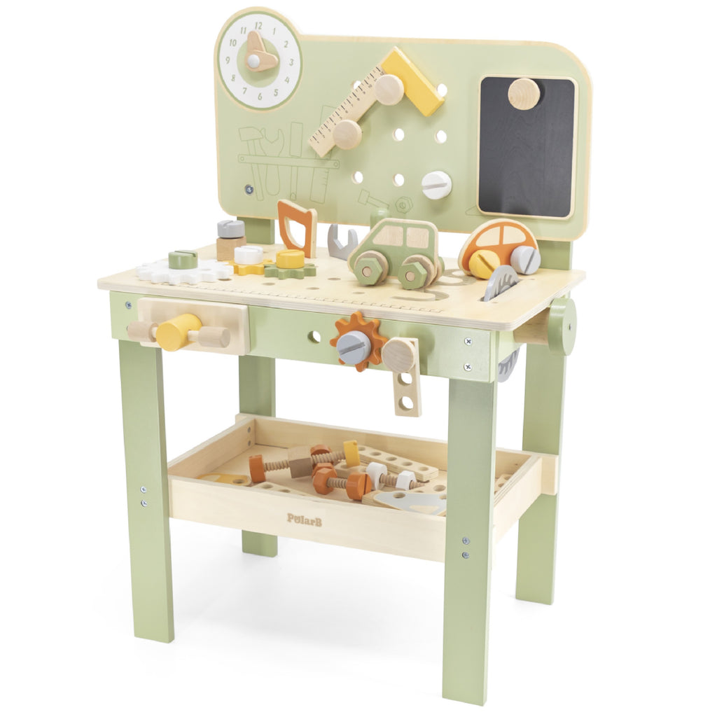 elegant wooden handyman's workshop with pastel tools, gears, and toy cars neatly arranged on a sturdy workbench