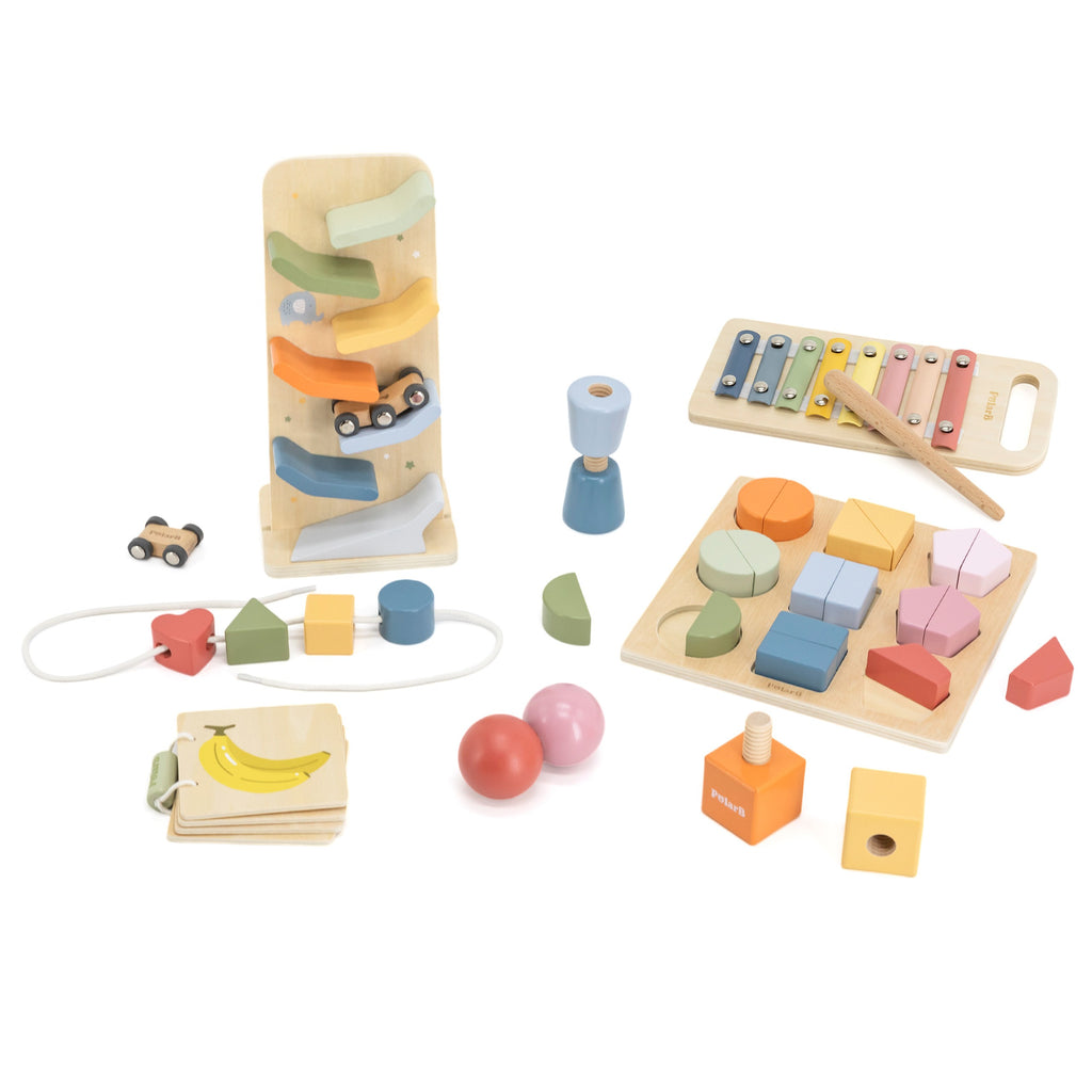 wooden educational toy set with xylophone and threading activity in soft pastel colors for toddlers