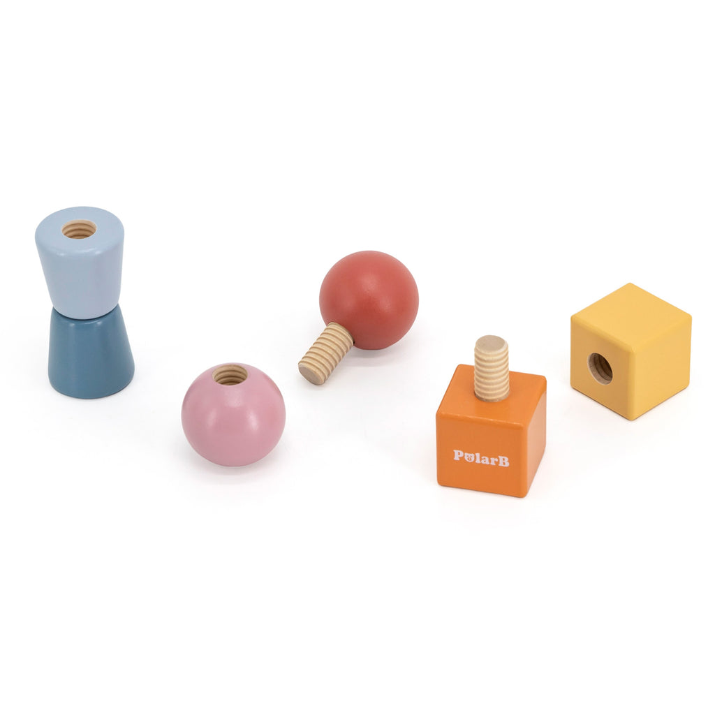 wooden educational toy set with xylophone and threading activity for toddlers, soft pastel colors on a wooden table