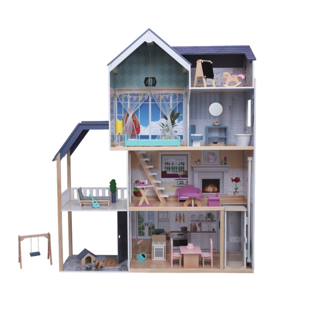 softly lit crystal wooden dollhouse with glowing led lights and cozy bedroom details