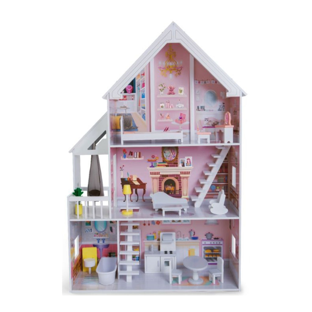 softly lit wooden dollhouse liselle at dusk with warm glowing led lights in the cozy living room