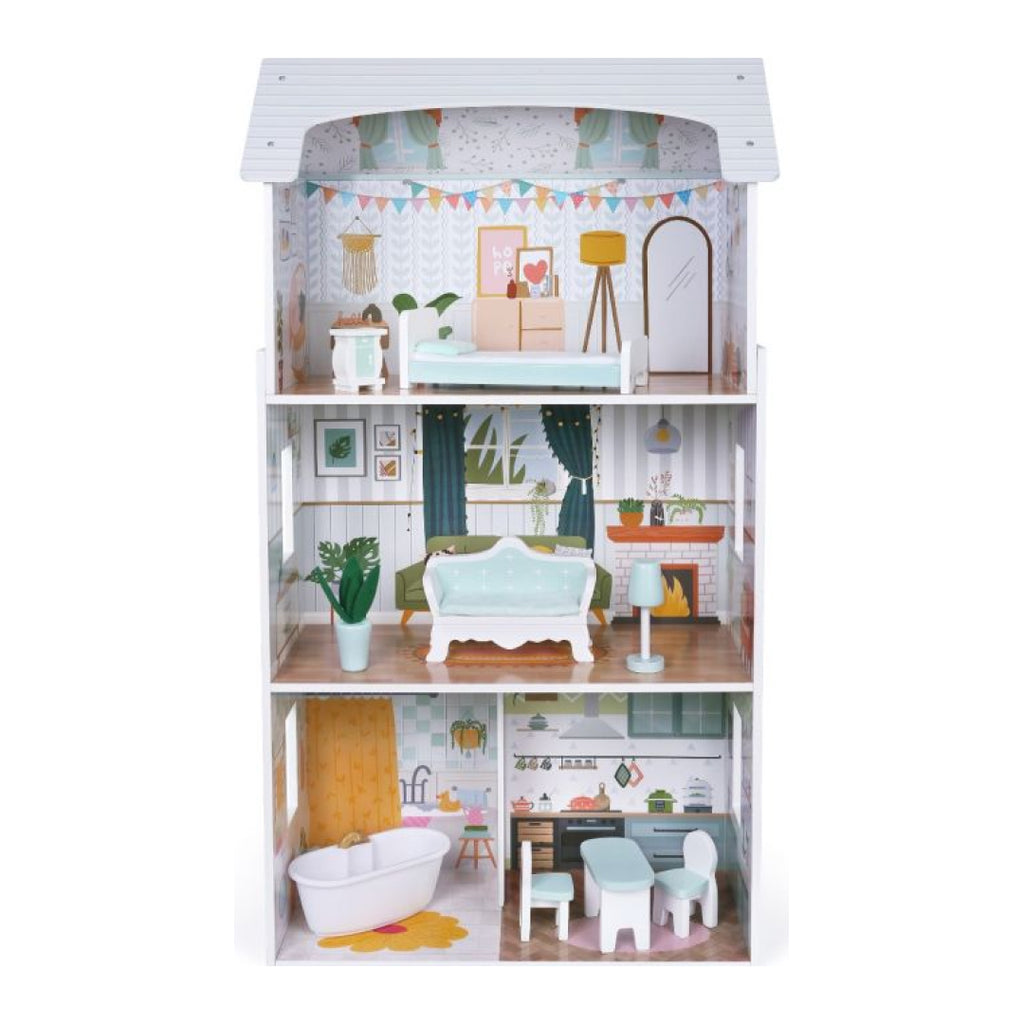 softly lit wooden dollhouse luna with warm led lights glowing in a cozy nursery
