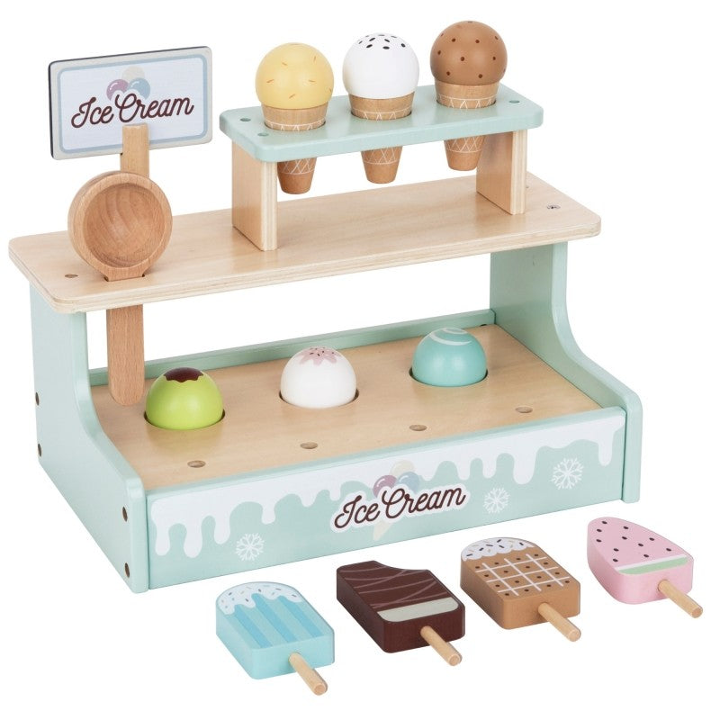 a bold front view of the woopie green wooden ice cream stand set with colorful scoops ready for play