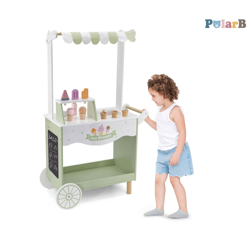 bold wooden ice cream stand mobile with pastel colors, magnetic spoon, and chalkboard for creative play