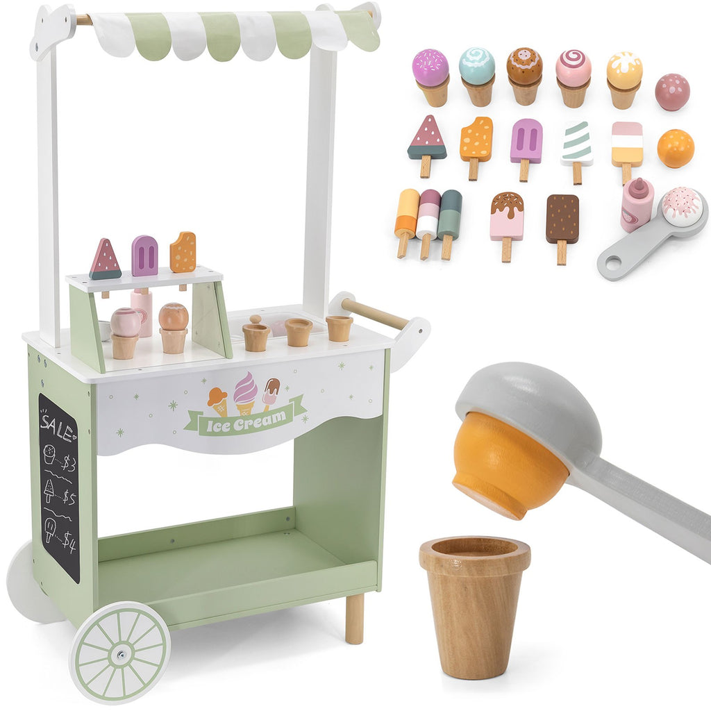 colorful wooden ice cream cart with magnetic scoop and chalkboard, ready for pretend play in a sunny playroom