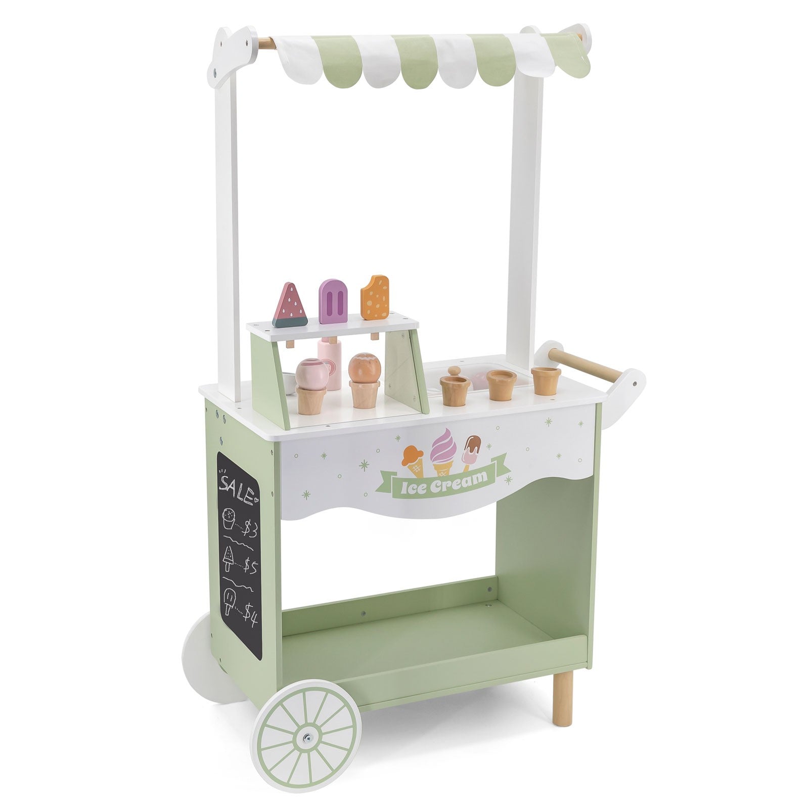 wooden ice cream stand mobile with magnetic spoon and chalkboard, ready for kids to serve and play