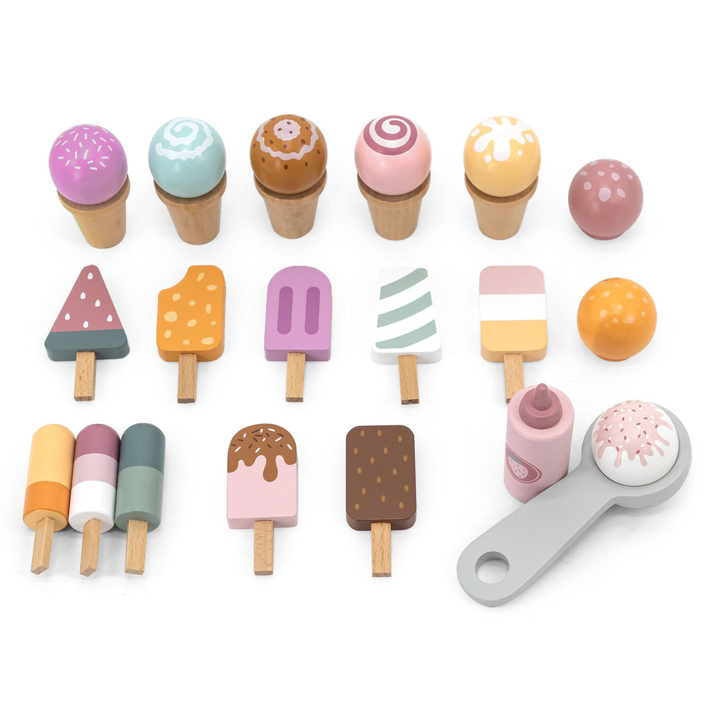 elegant wooden ice cream stand with pastel details, magnetic spoon, and chalkboard menu, ready for imaginative play