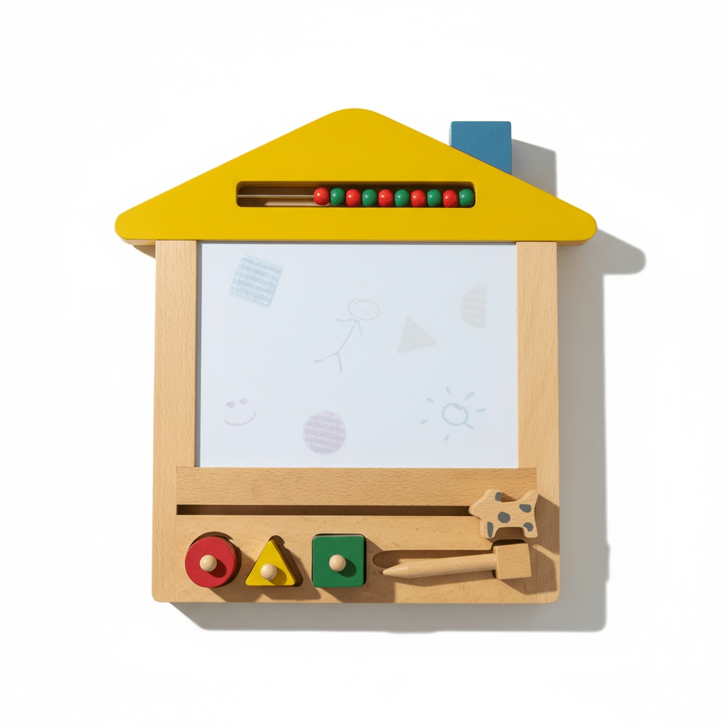 Wooden Magnetic Drawing Board House Shape with Counting Beads and Shapes