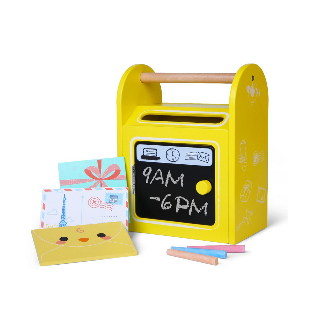 gerardo's toys wooden mailbox set with chalk-written messages in a cozy playroom corner