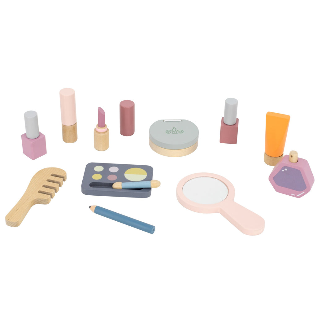 elegant wooden makeup set for kids with pastel pink bag, mirror, and non-toxic beauty accessories