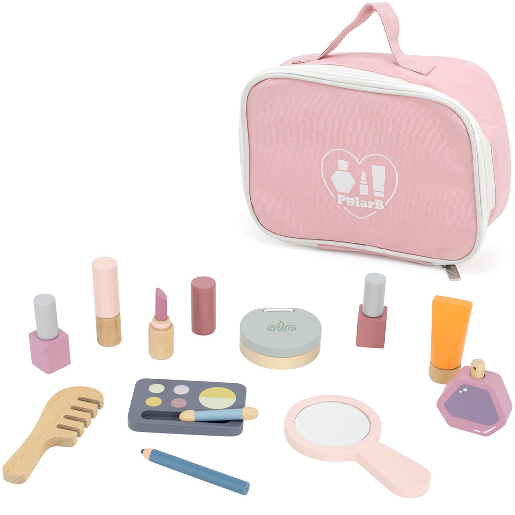 bold pink wooden makeup set for kids with mirror, lipsticks, and nail polishes in a stylish fabric bag