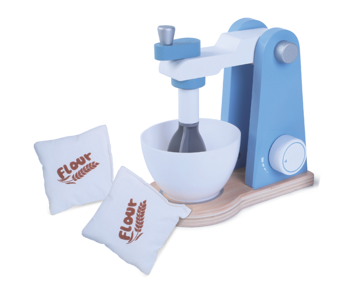 a child's hands gleefully mixing with the wooden toy mixer set on a sunny kitchen counter