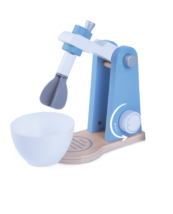 gentle morning light on a wooden mixer playset for toddlers, encouraging safe and creative baking fun