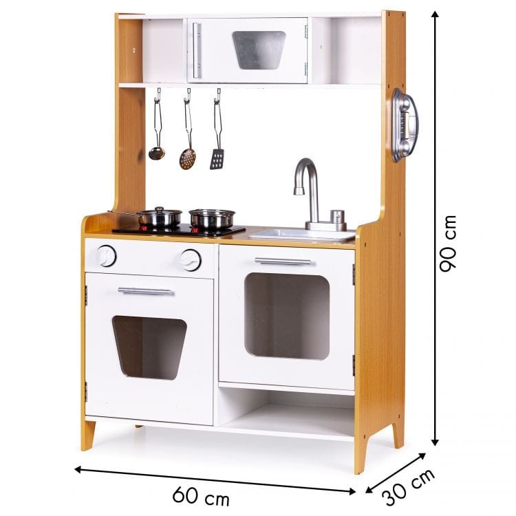 an elegant wooden toy kitchen with glowing lights and a modern, handcrafted finish