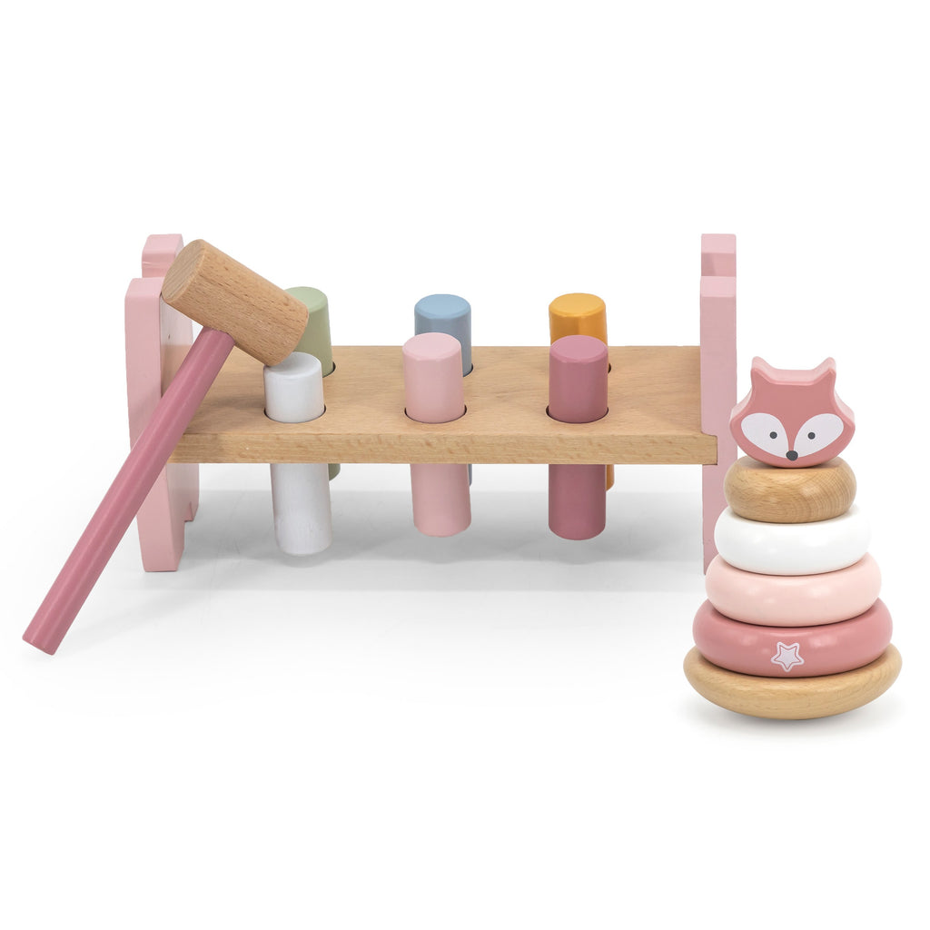 bold wooden fox pyramid and hammer set for toddlers - pastel colors, motor skill development