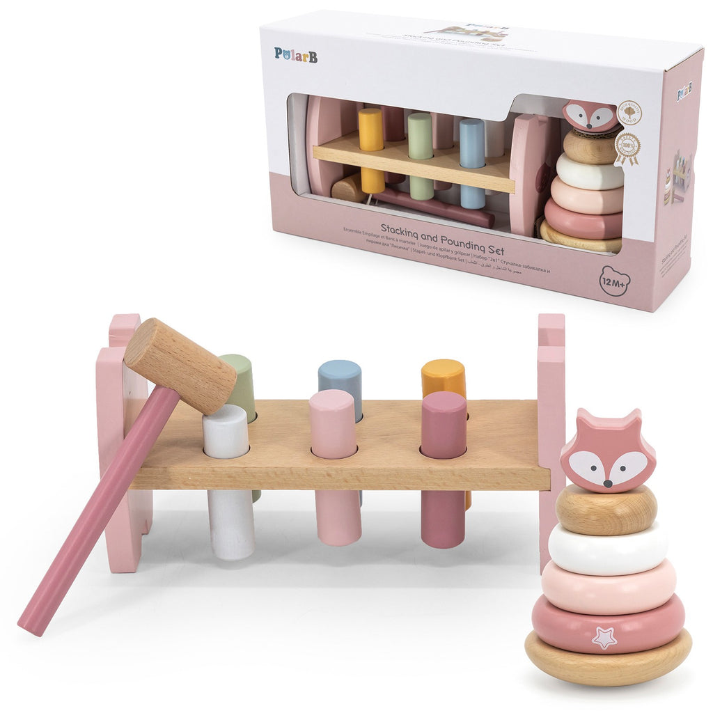 soft pastel wooden fox pyramid and hammer set for toddlers, promoting motor skills and color learning