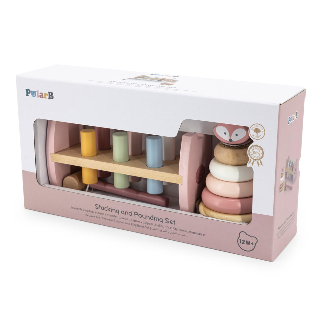 playful fox-themed wooden pyramid and hammer set with pastel rings and pegs for toddlers