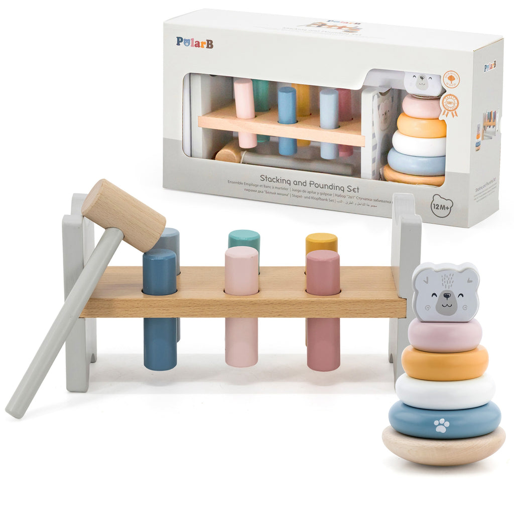 adorable pastel wooden polar bear stacking pyramid and pounding bench with hammer for toddler motor skills
