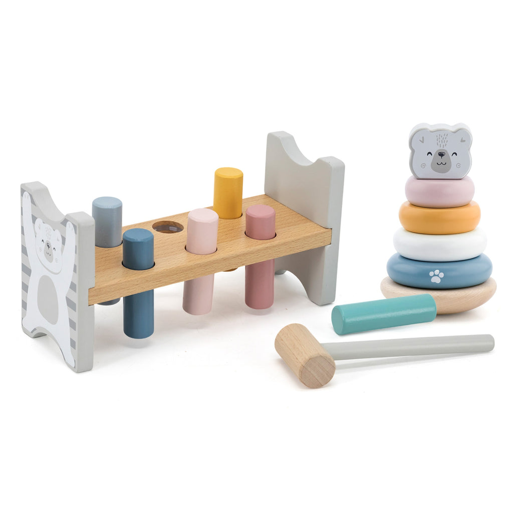 playful polar bear wooden pyramid and hammer set with pastel rings and pegs for toddlers