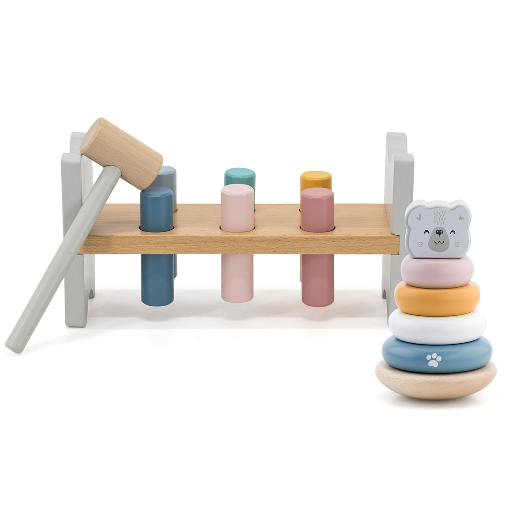 bold pastel wooden pyramid and hammer set for toddlers - polar bear design with vibrant rings and pegs
