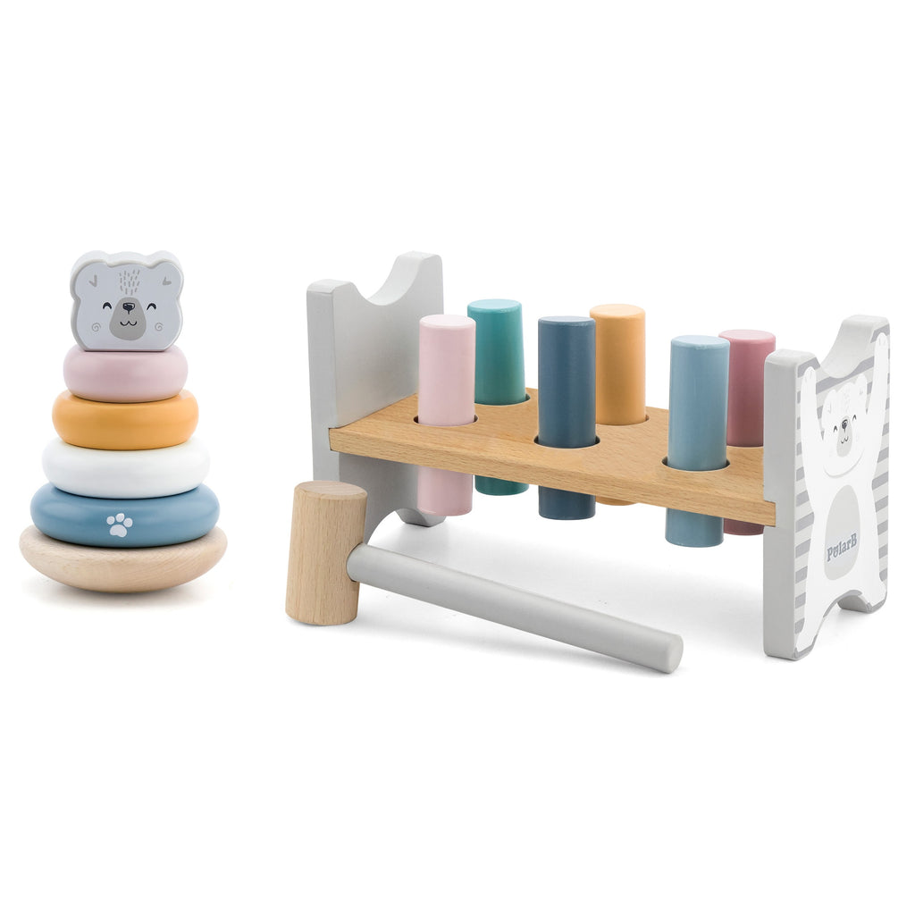 elegant pastel wooden pyramid and pounding bench set with hammer for toddlers - promotes motor skills and color learning