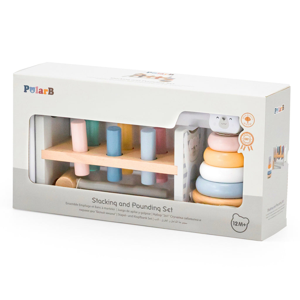 adorable polar bear wooden pyramid and hammer set in soft pastel colors for toddler motor skills