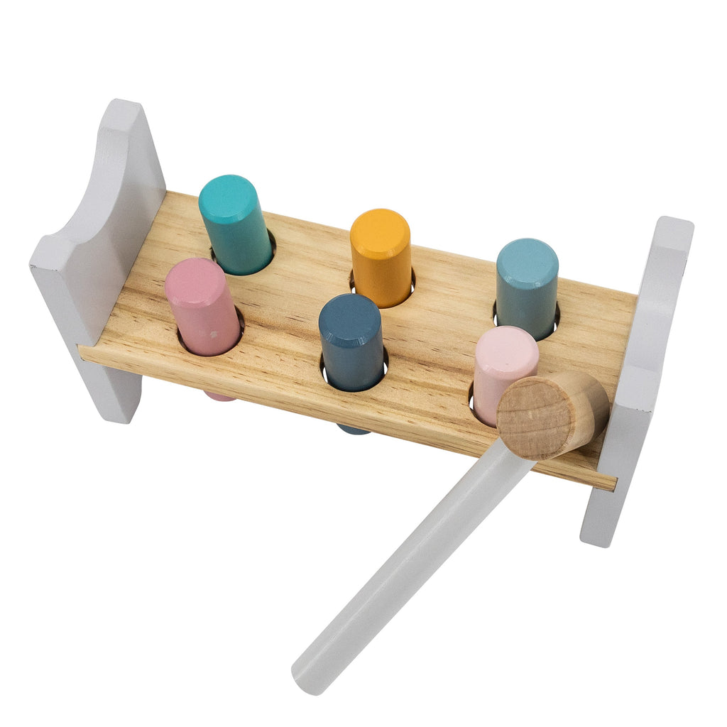 adorable polar bear wooden pyramid and hammer set in soft pastel colors for toddler motor skills
