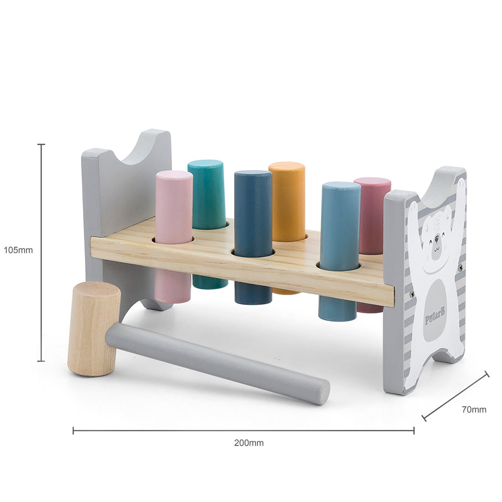 adorable polar bear wooden stacking pyramid and hammer bench in soft pastel colors for toddlers
