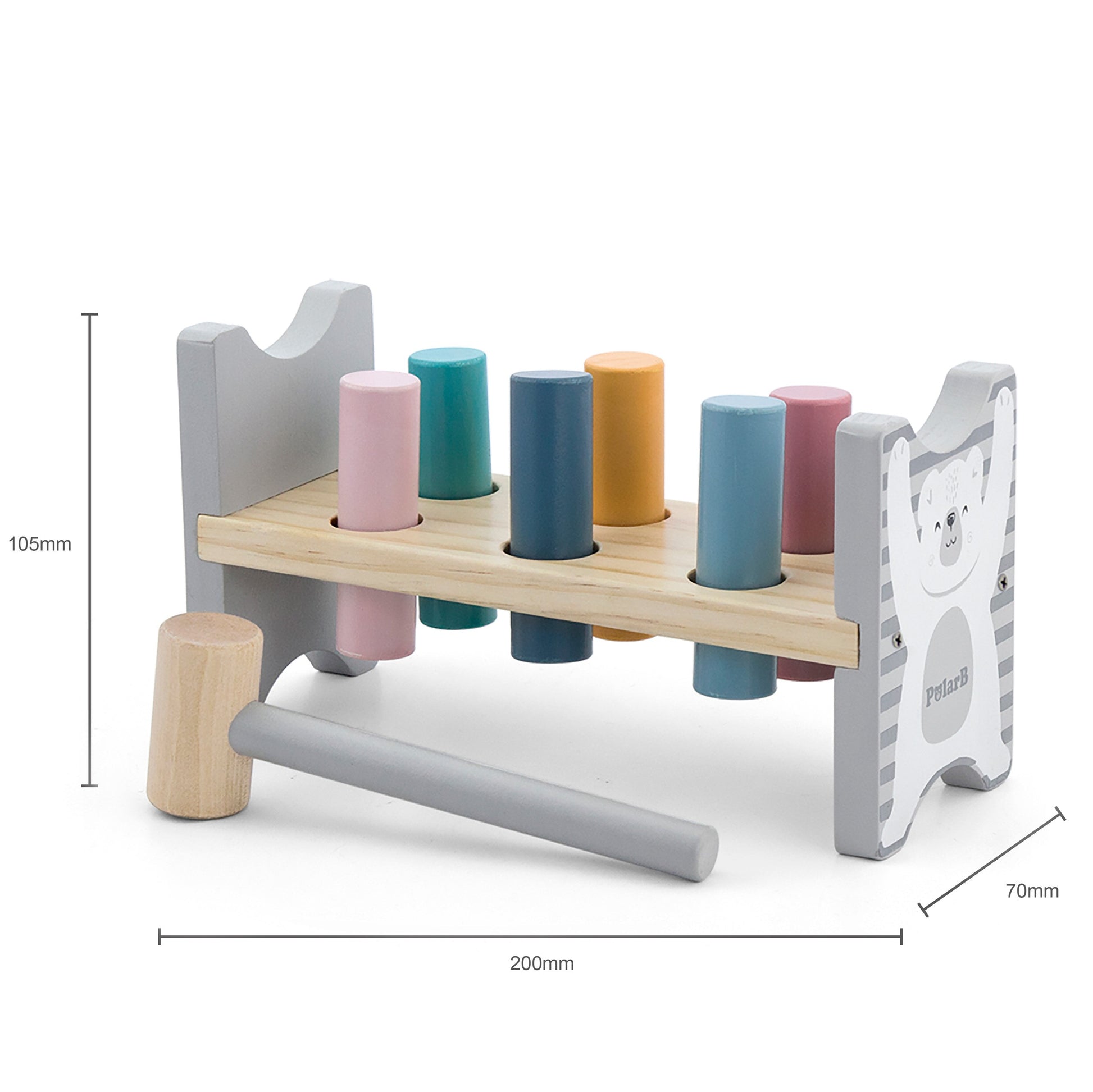adorable polar bear wooden stacking pyramid and hammer bench in soft pastel colors for toddlers