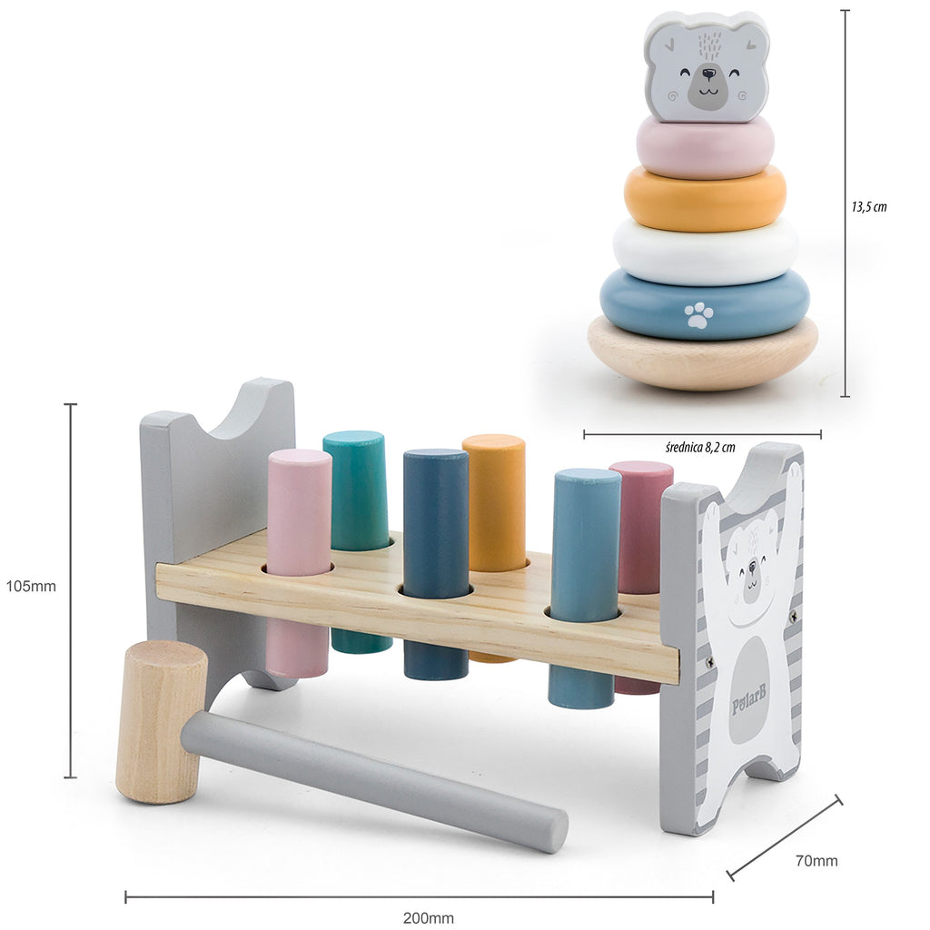 adorable polar bear wooden stacking pyramid and pounding bench with pastel colors for toddlers