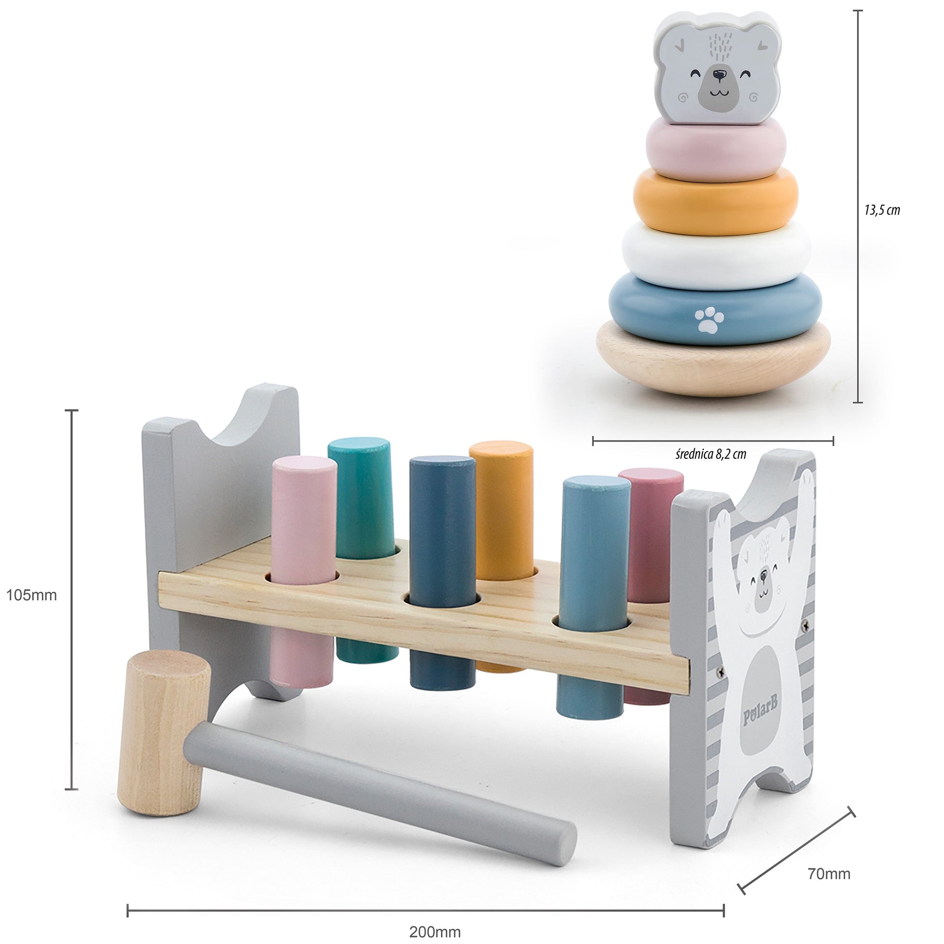 adorable polar bear wooden stacking pyramid and pounding bench with pastel colors for toddlers