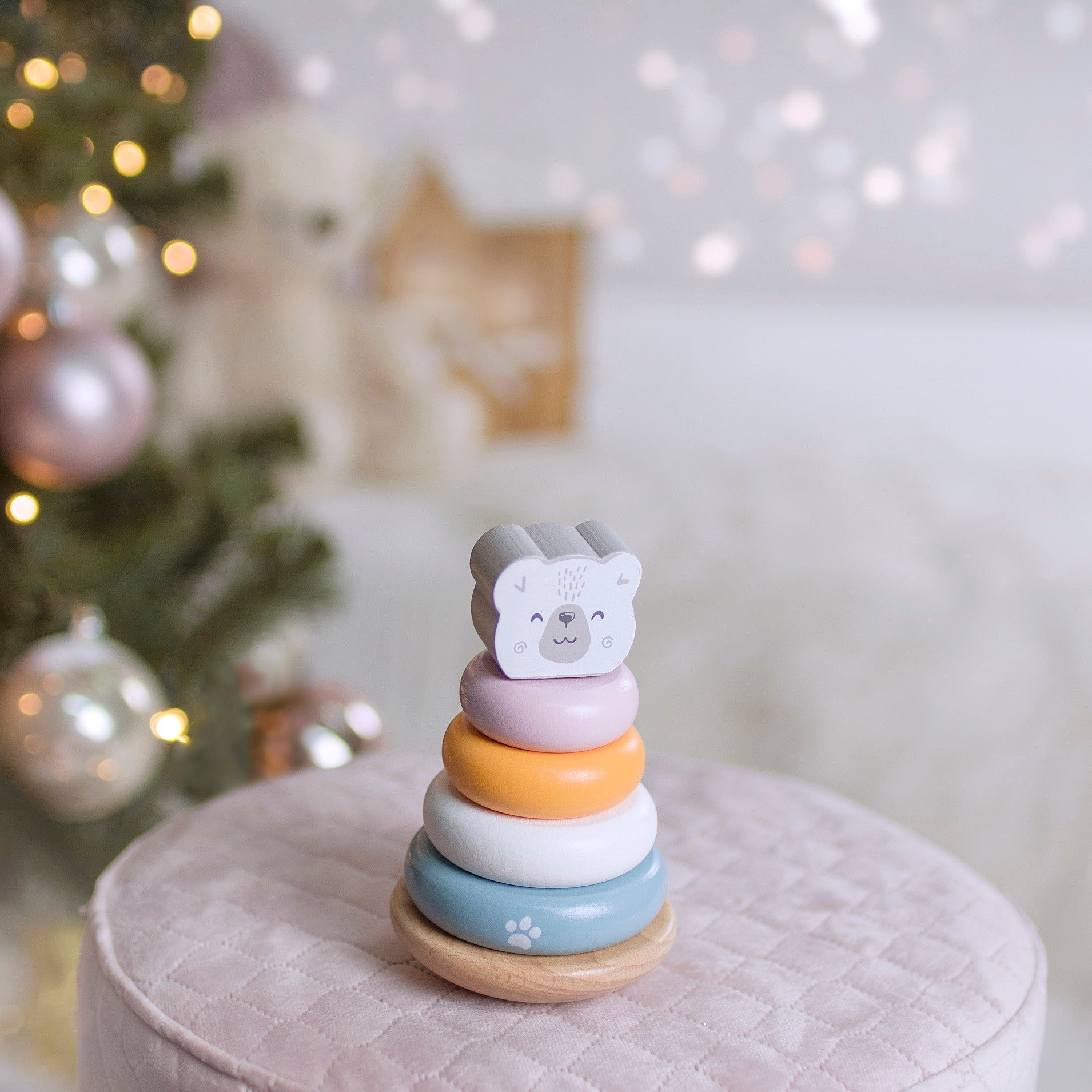 adorable pastel wooden polar bear stacking pyramid and pounding bench with hammer for toddler motor skills