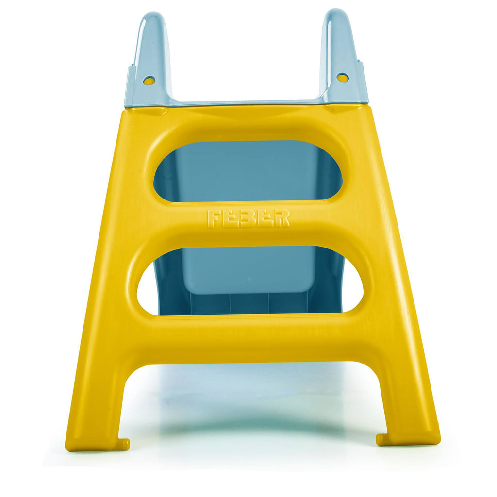 a soft-focus shot of a toddler's small hands gripping the safe, built-in handles on the side of the gentle blue water slide