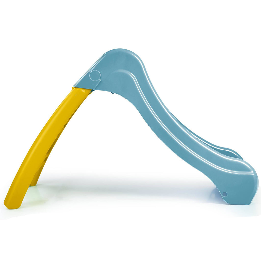 feber toddler water slide folded for easy storage in a sunny garden
