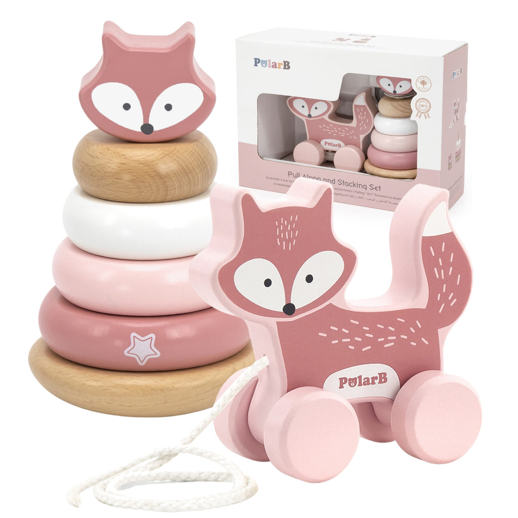 soft pastel wooden fox pull toy and stacking pyramid for toddlers, cozy playtime on a sunlit rug