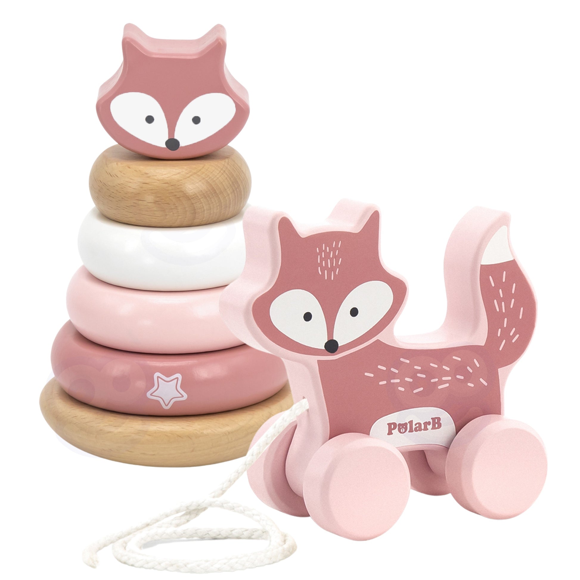 adorable pastel wooden fox pull toy and stacking pyramid set for toddlers, fostering motor skills and playful learning