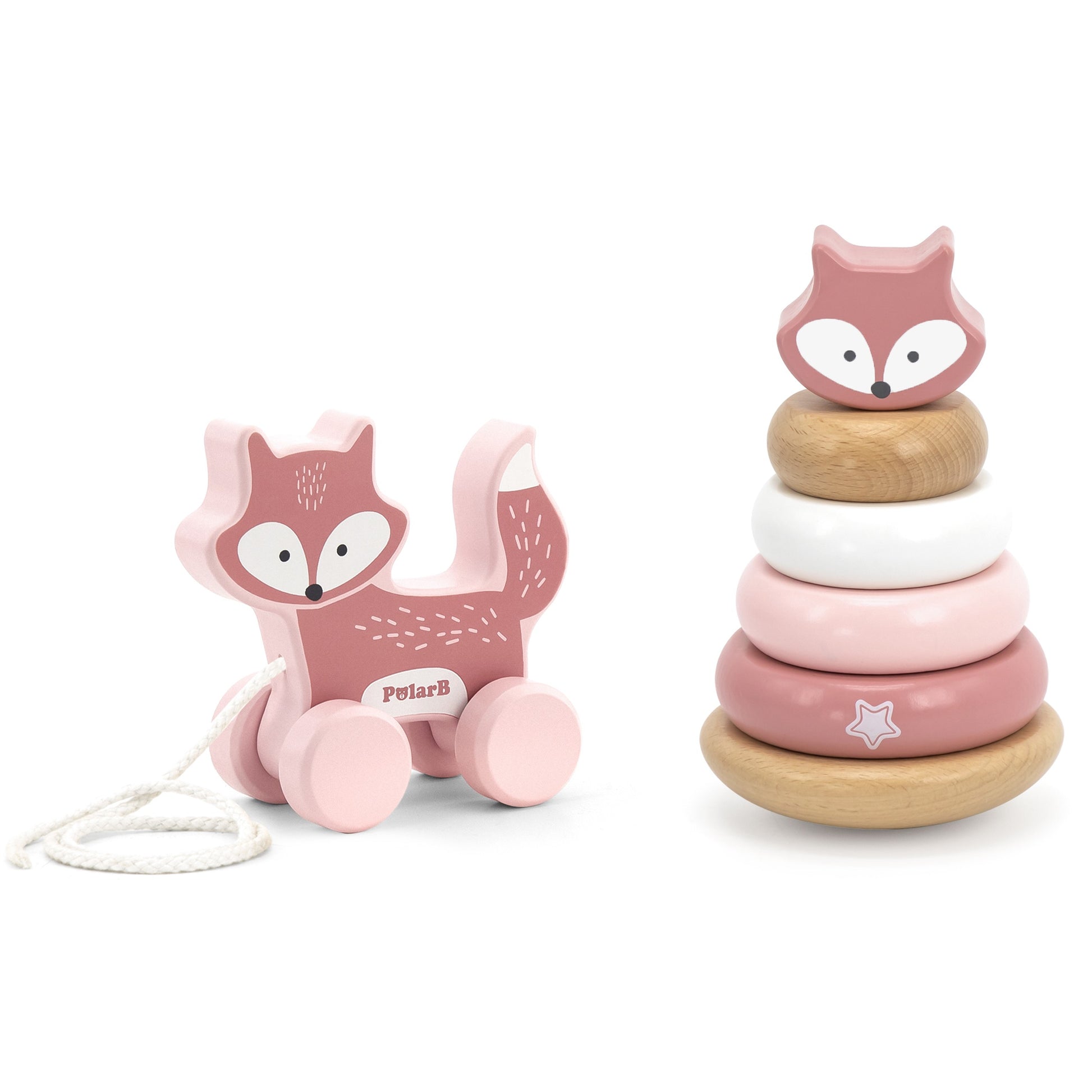 playful wooden fox pulling toy with pastel pyramid set on sunny nursery floor