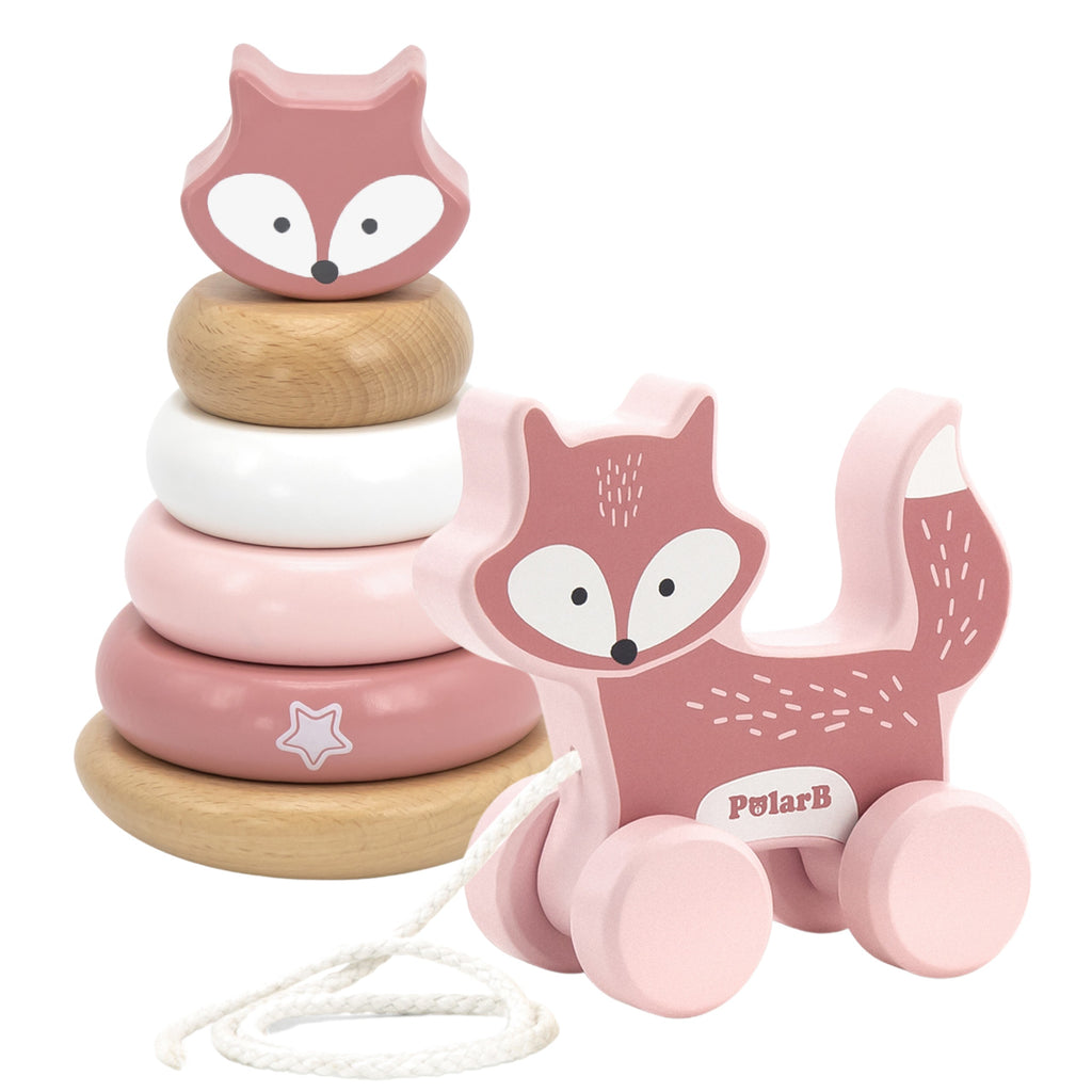 wooden pull-along fox and pastel stacking pyramid set for toddlers, promoting motor skills and balance