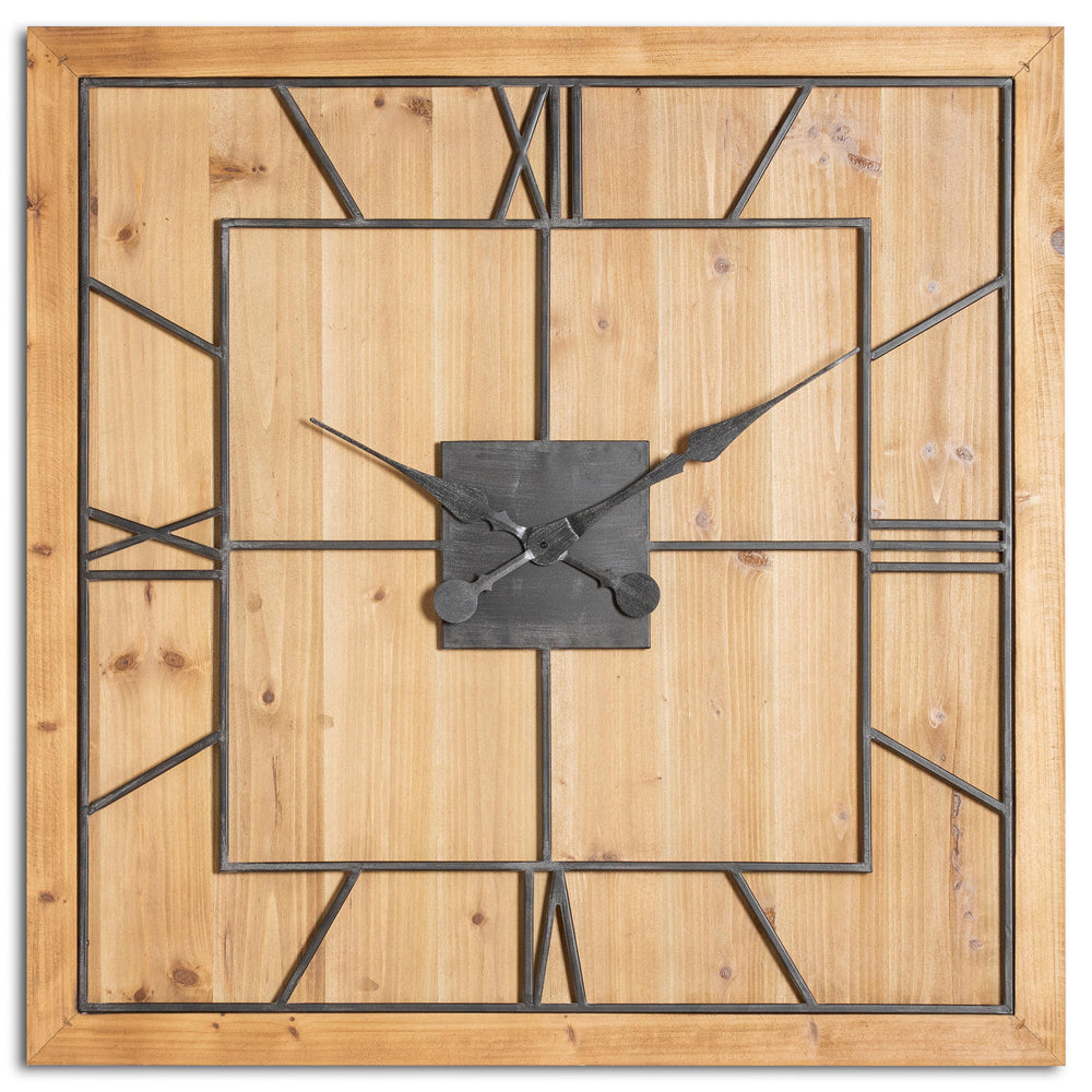 Large Natural Wood Square Skeleton Wall Clock